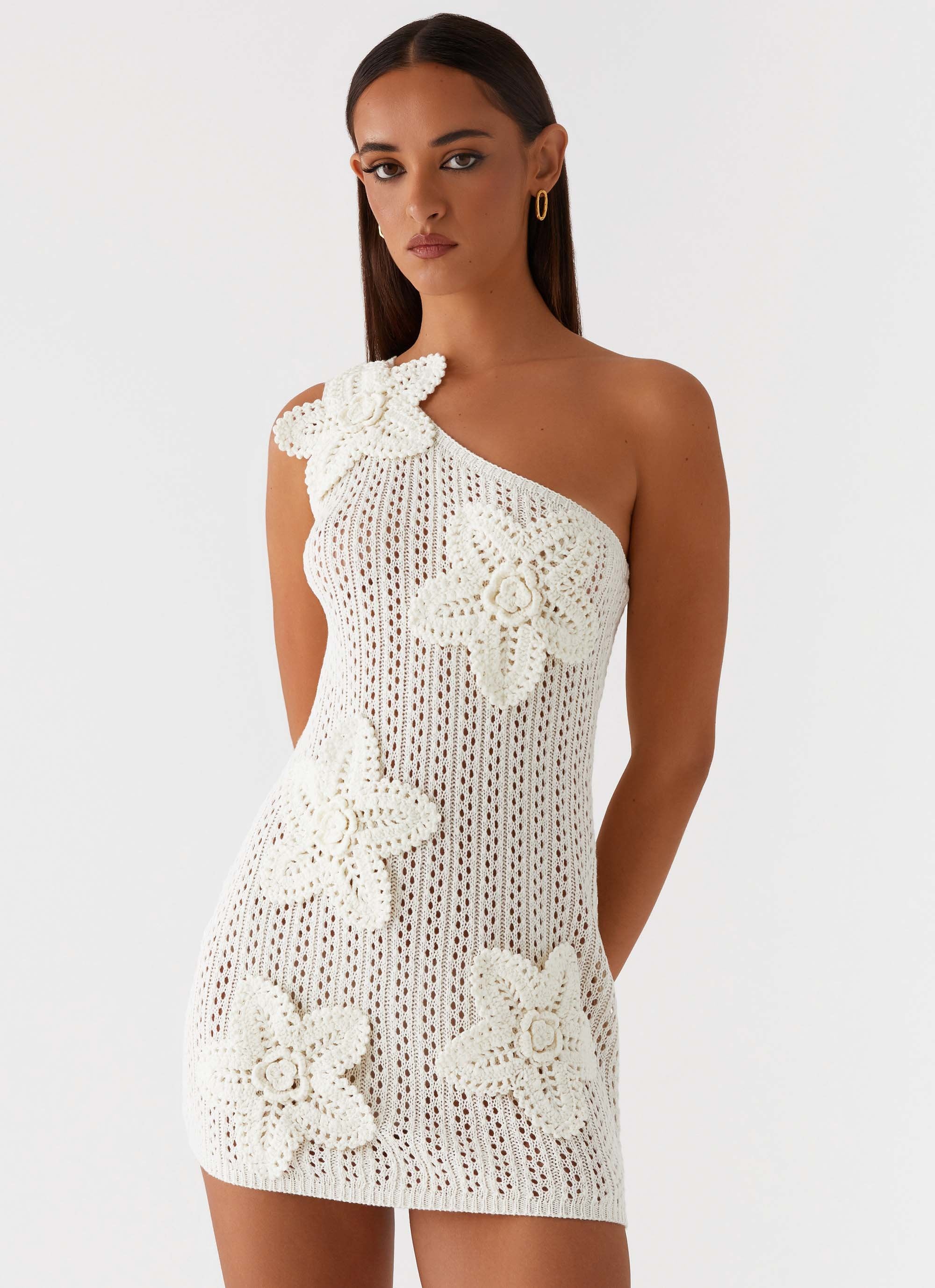 white dress with crochet Afterglow One Shoulder Crochet Mini Dress