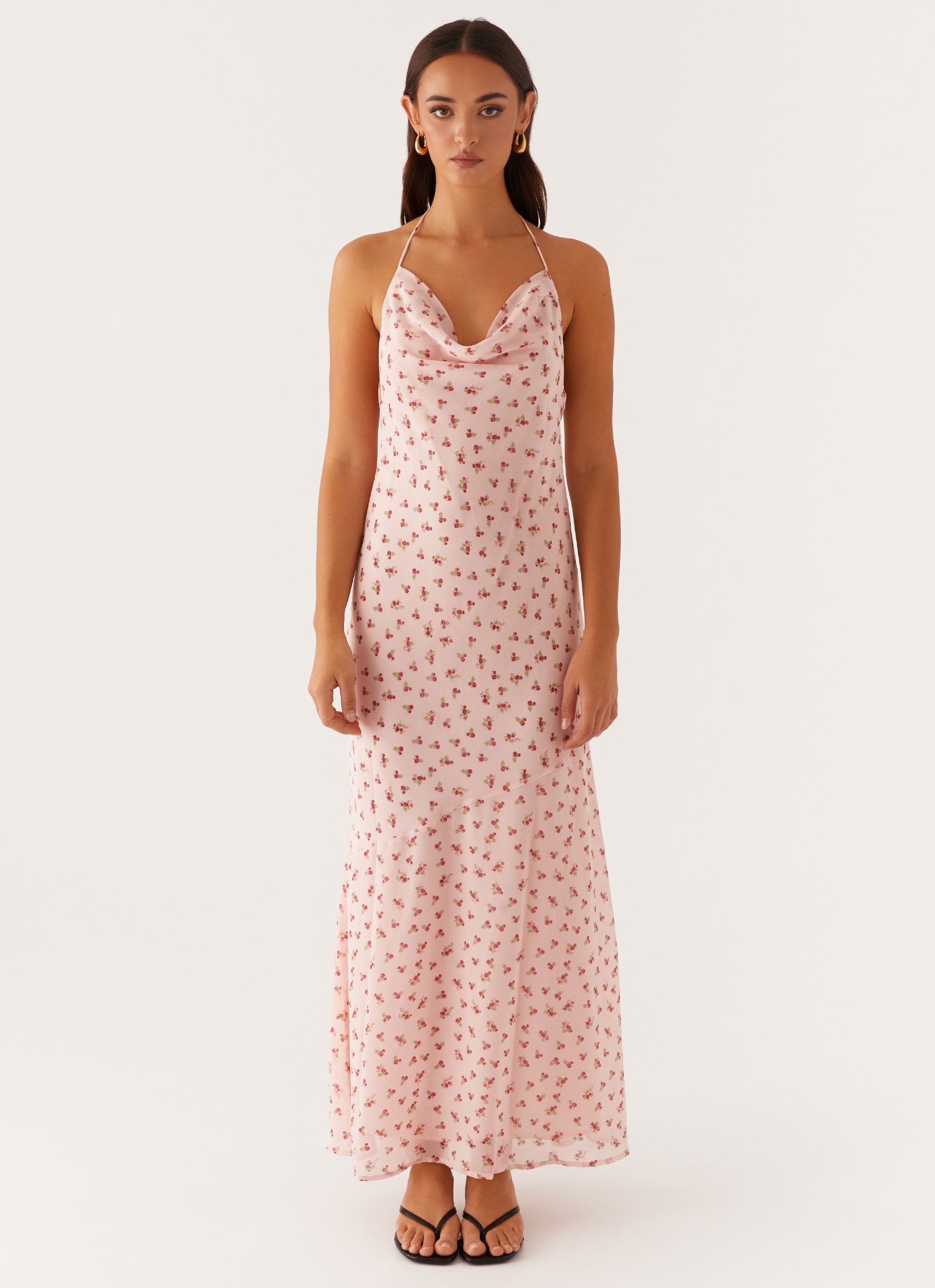 Alianna Cowl Neck Mesh Maxi Dress - Pink Flower  Peppermayo