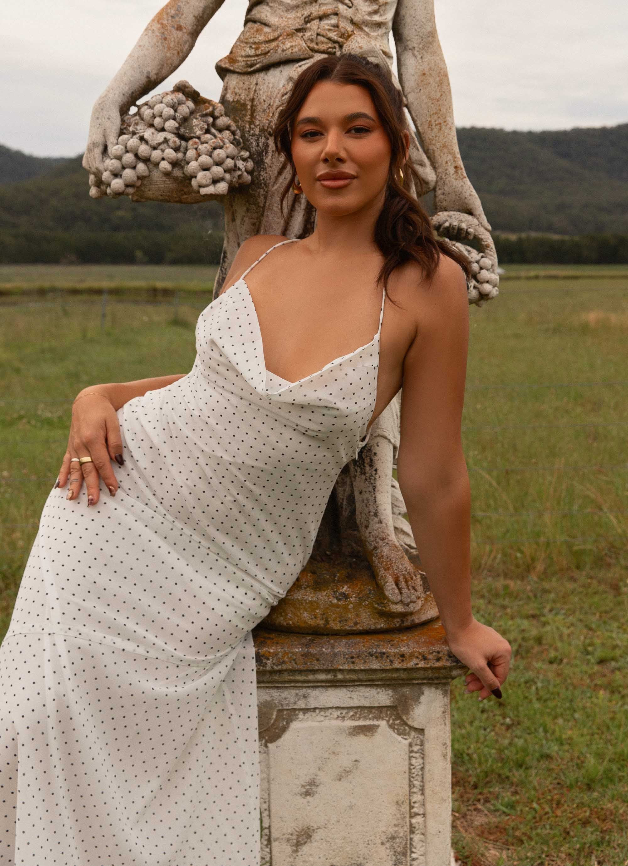 Alianna Cowl Neck Mesh Maxi Dress White Polka Dot