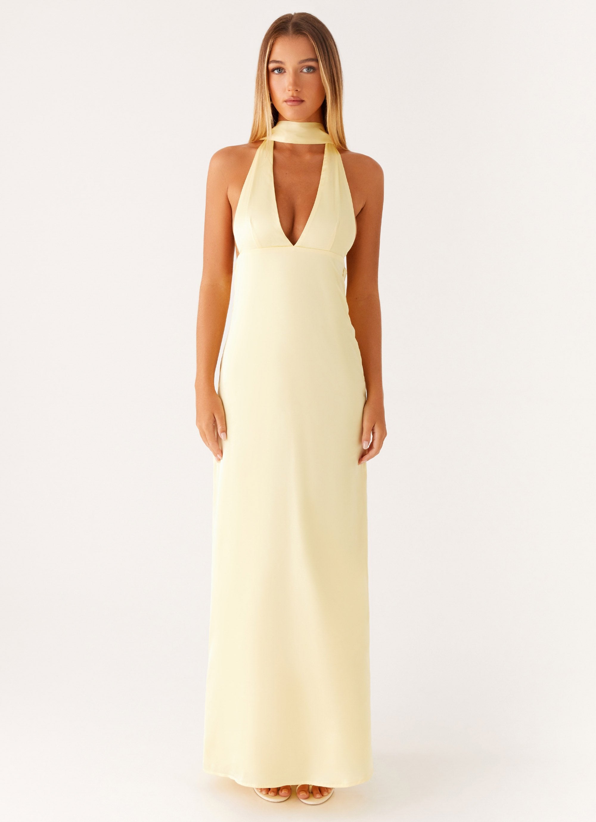 Alicia Satin Halter Maxi Dress - Yellow Peppermayo Alicia Satin Halter Maxi Dress - Yellow Peppermayo