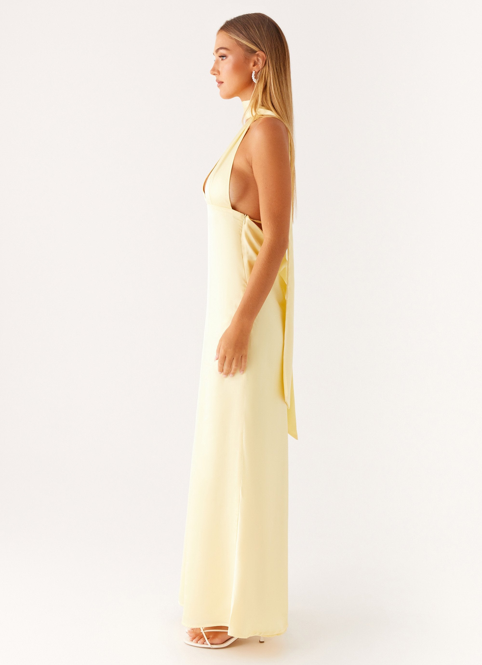 Alicia Satin Halter Maxi Dress - Yellow Peppermayo Alicia Satin Halter Maxi Dress - Yellow Peppermayo
