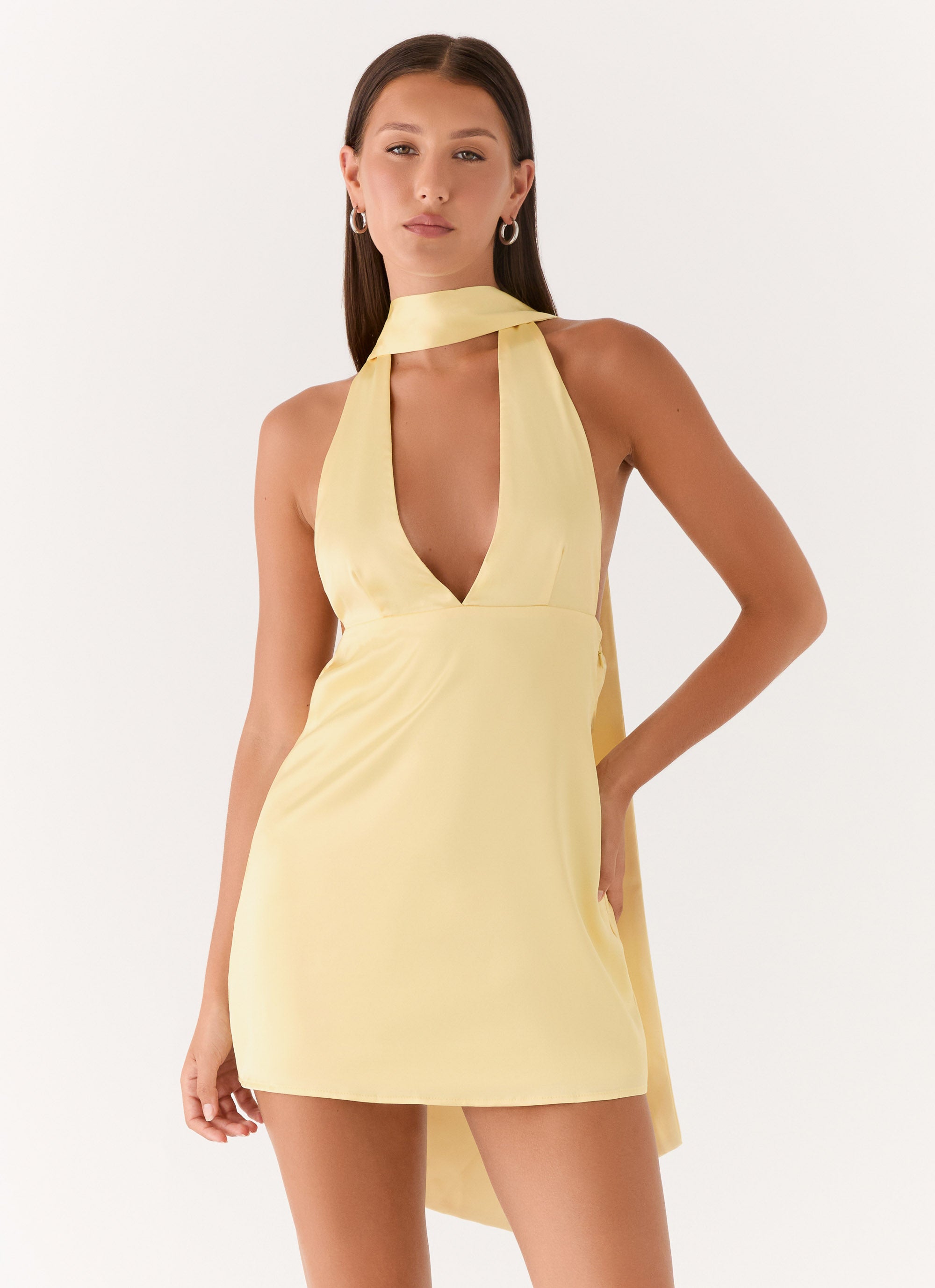 Alicia Satin Halter Mini Dress - Pastel Yellow  Peppermayo