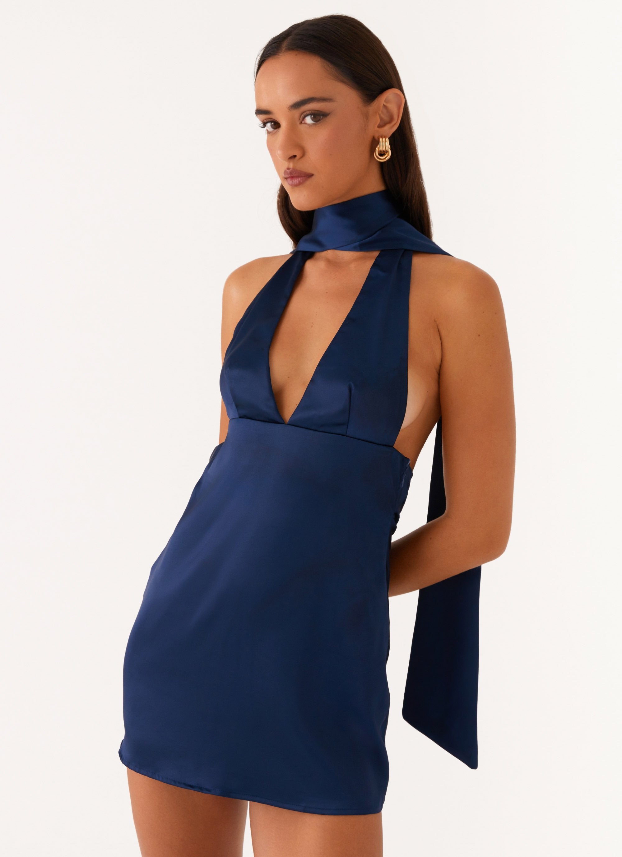 Alicia Satin Halter Mini Dress - Navy Peppermayo Alicia Satin Halter Mini Dress - Navy Peppermayo