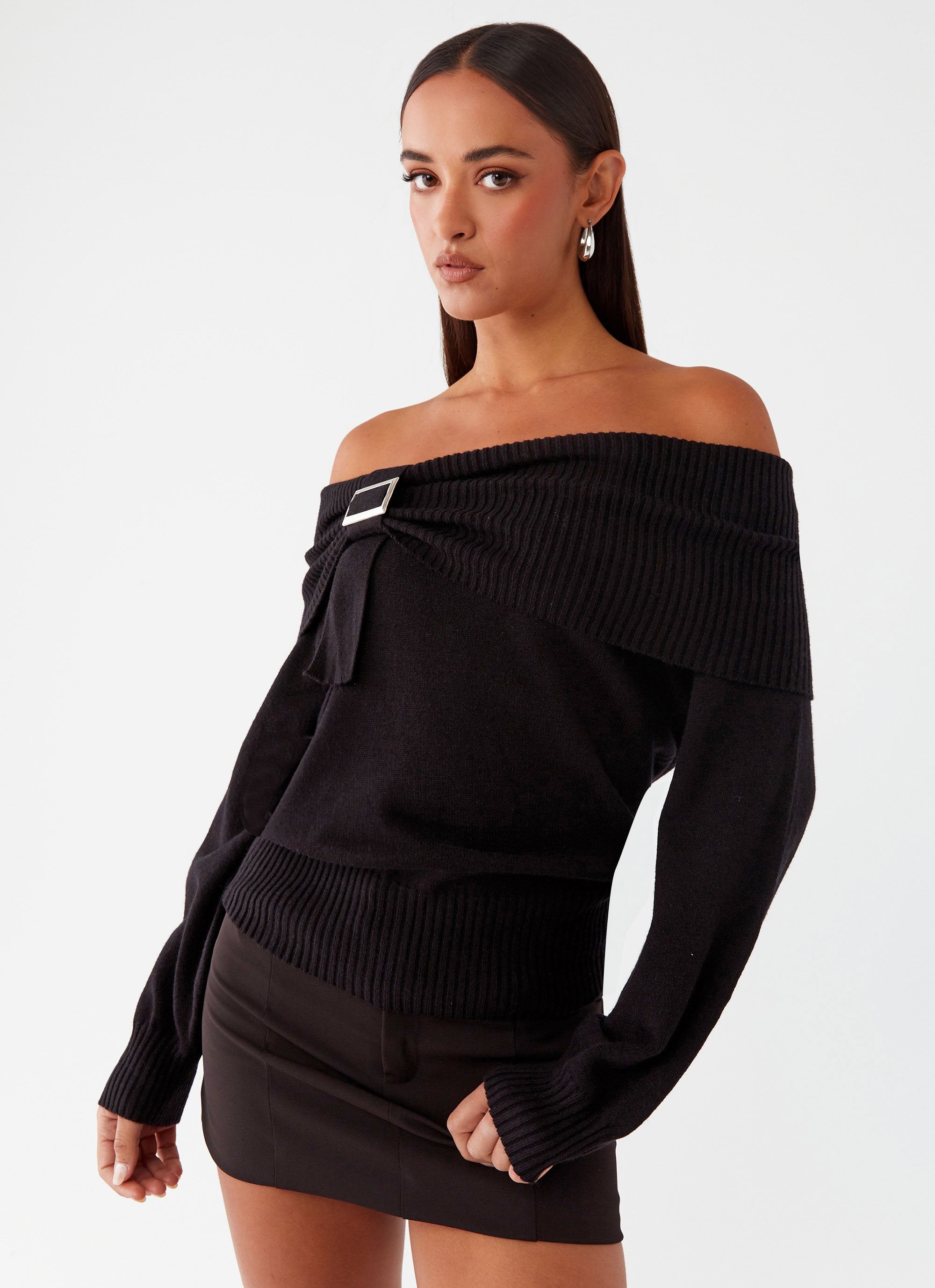 Buckle Up Oversized Bardot Knit Sweater Black Peppermayo