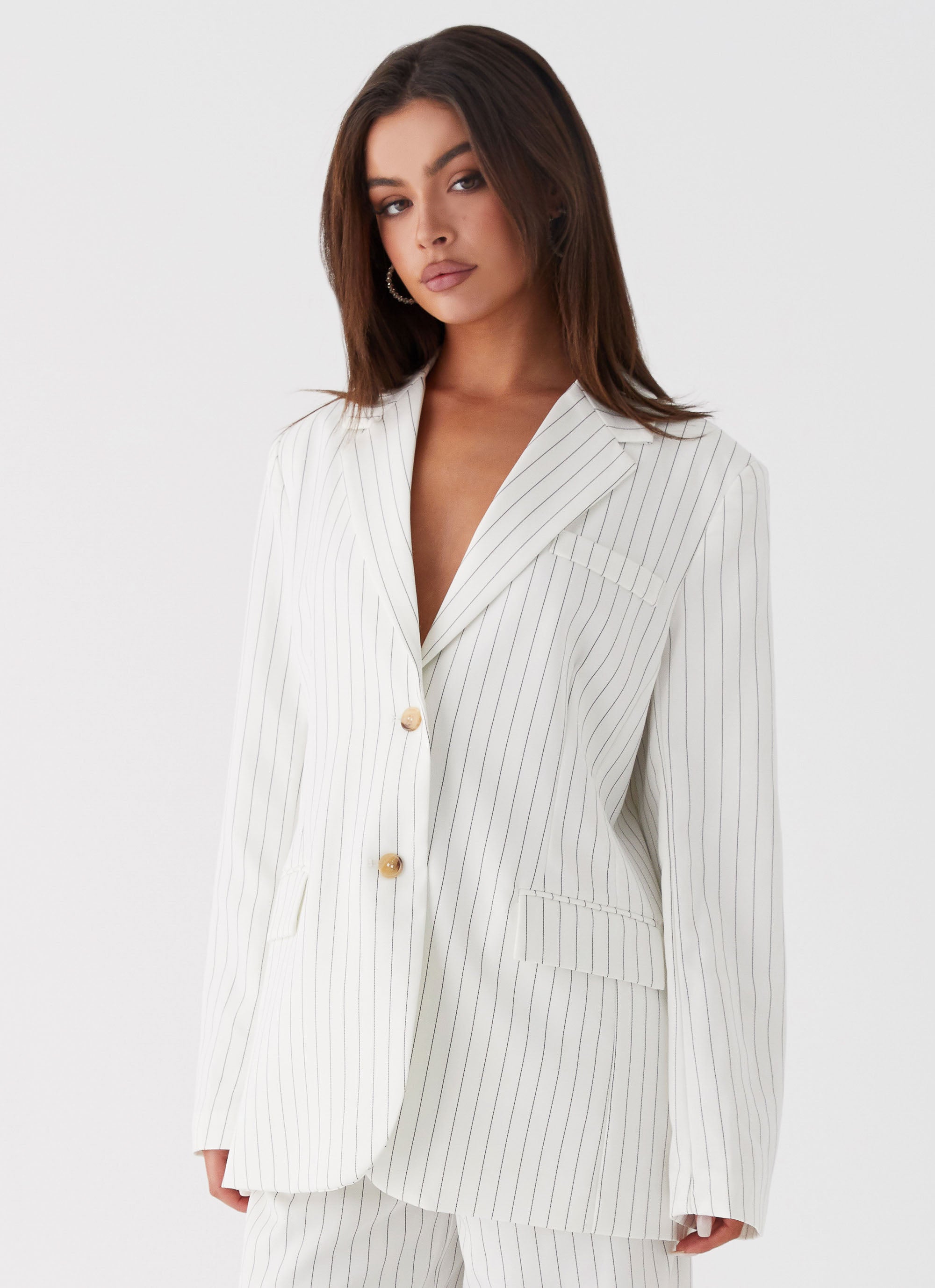 Can't Leave Pinstripe Oversized Blazer White Pinstripe – Peppermayo