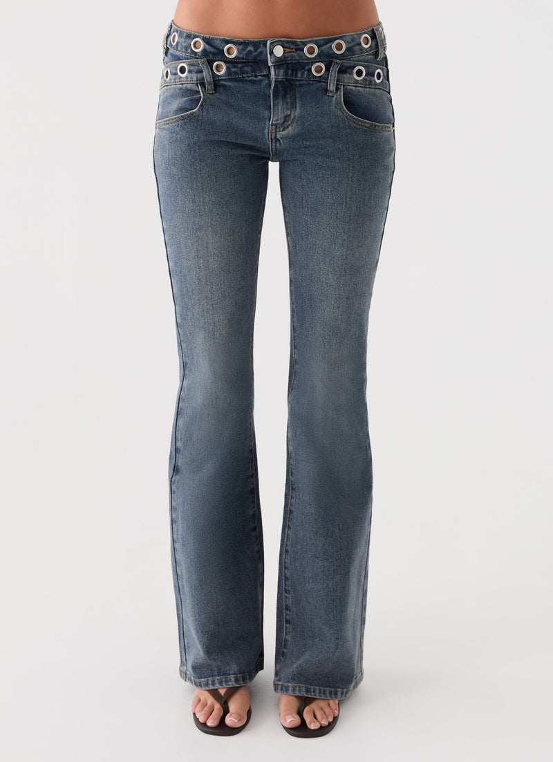 Carson Low Rise Eyelet Jeans - Blue Wash