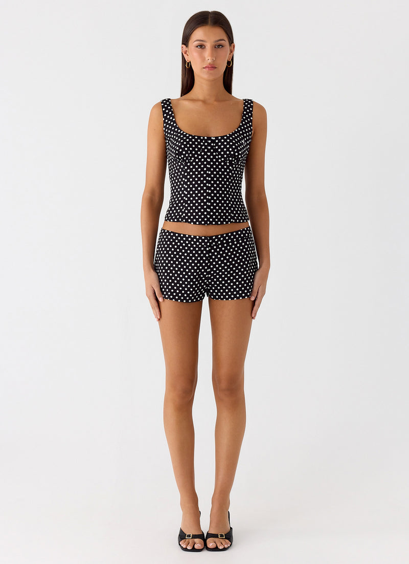 Coastline Cotton Micro Mini Shorts - Black Polkadot