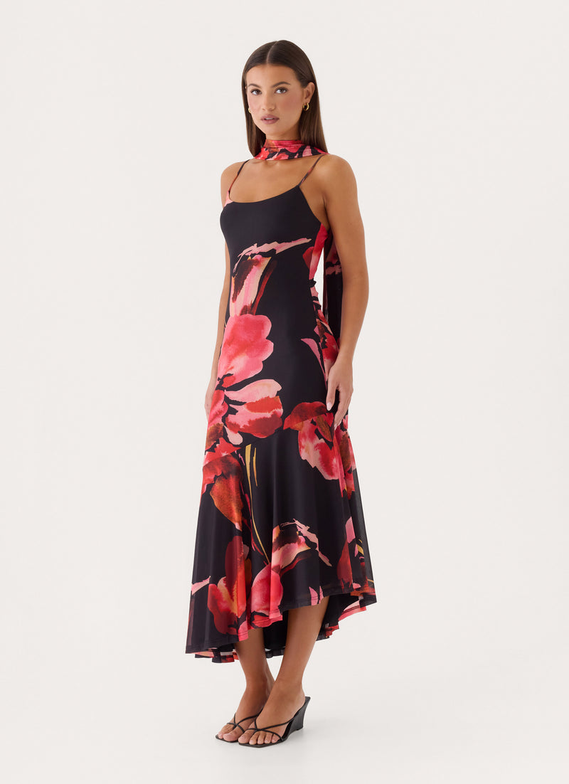 Demitra Midi Dress - Black Floral Print