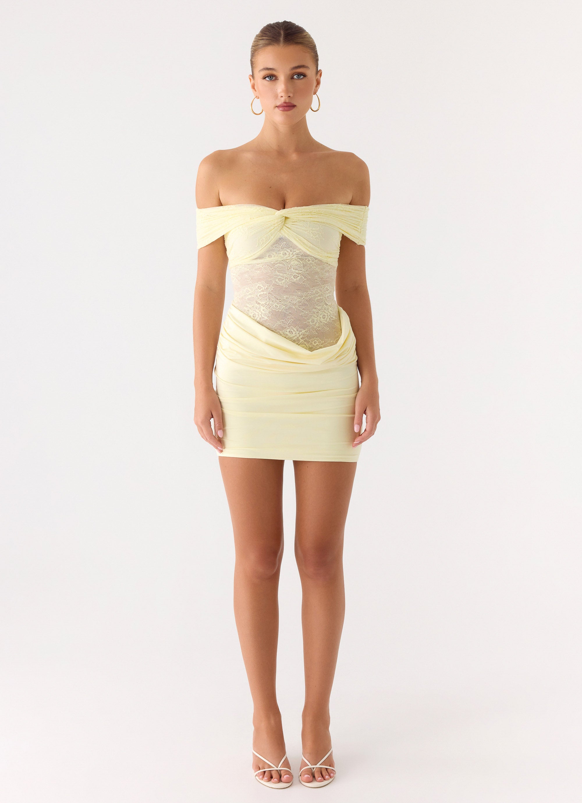 peppermayo yellow mini dress Either Way Off Shoulder Mini Dress