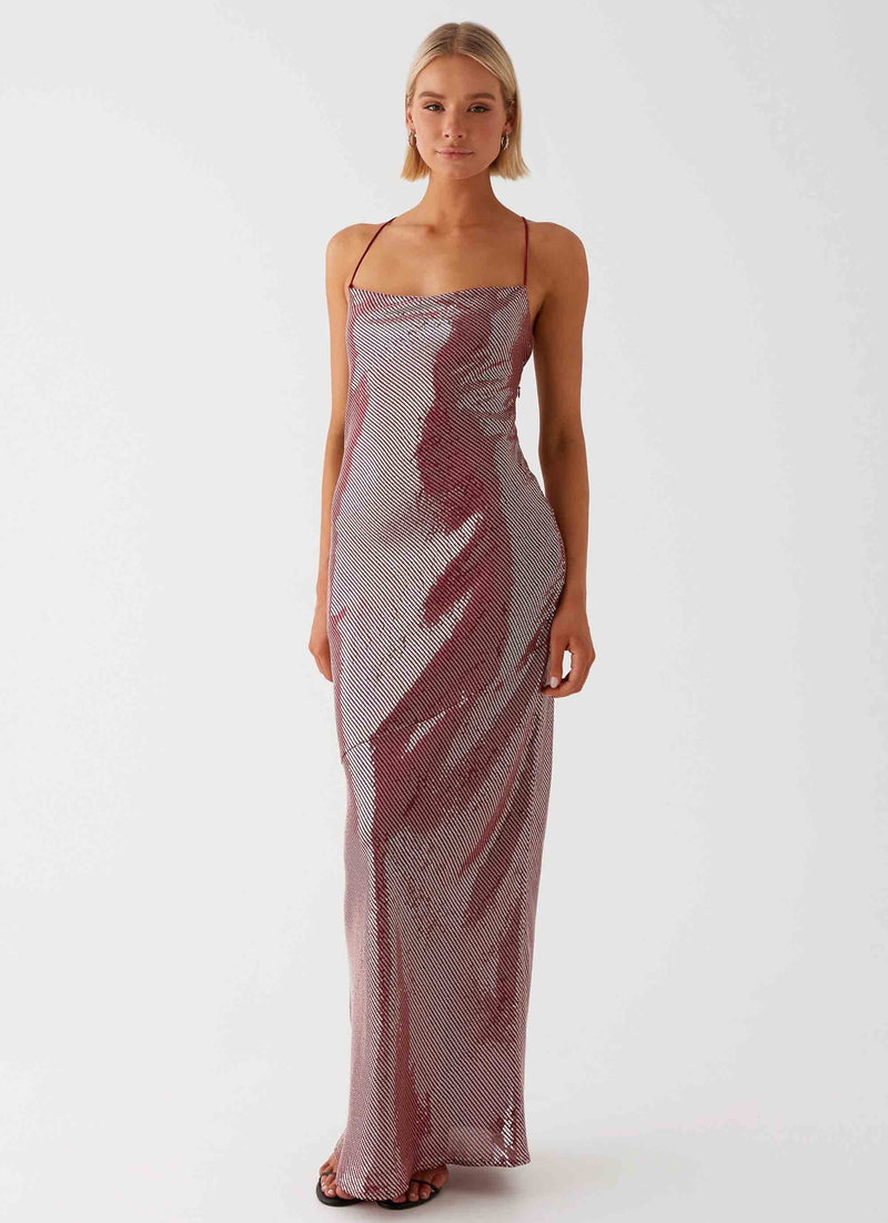 Womens Jada Sequin Maxi Dress in the colour Red in front of a light grey background