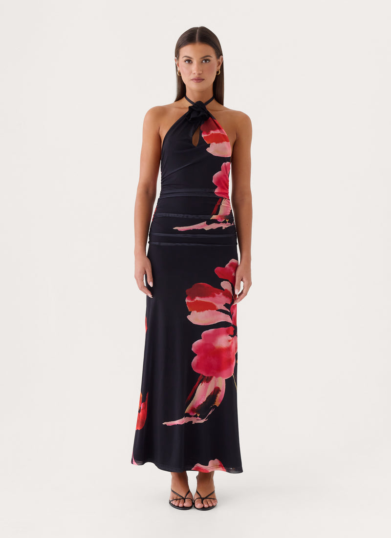 Janete Floral Halter Maxi Dress - Black Floral Print