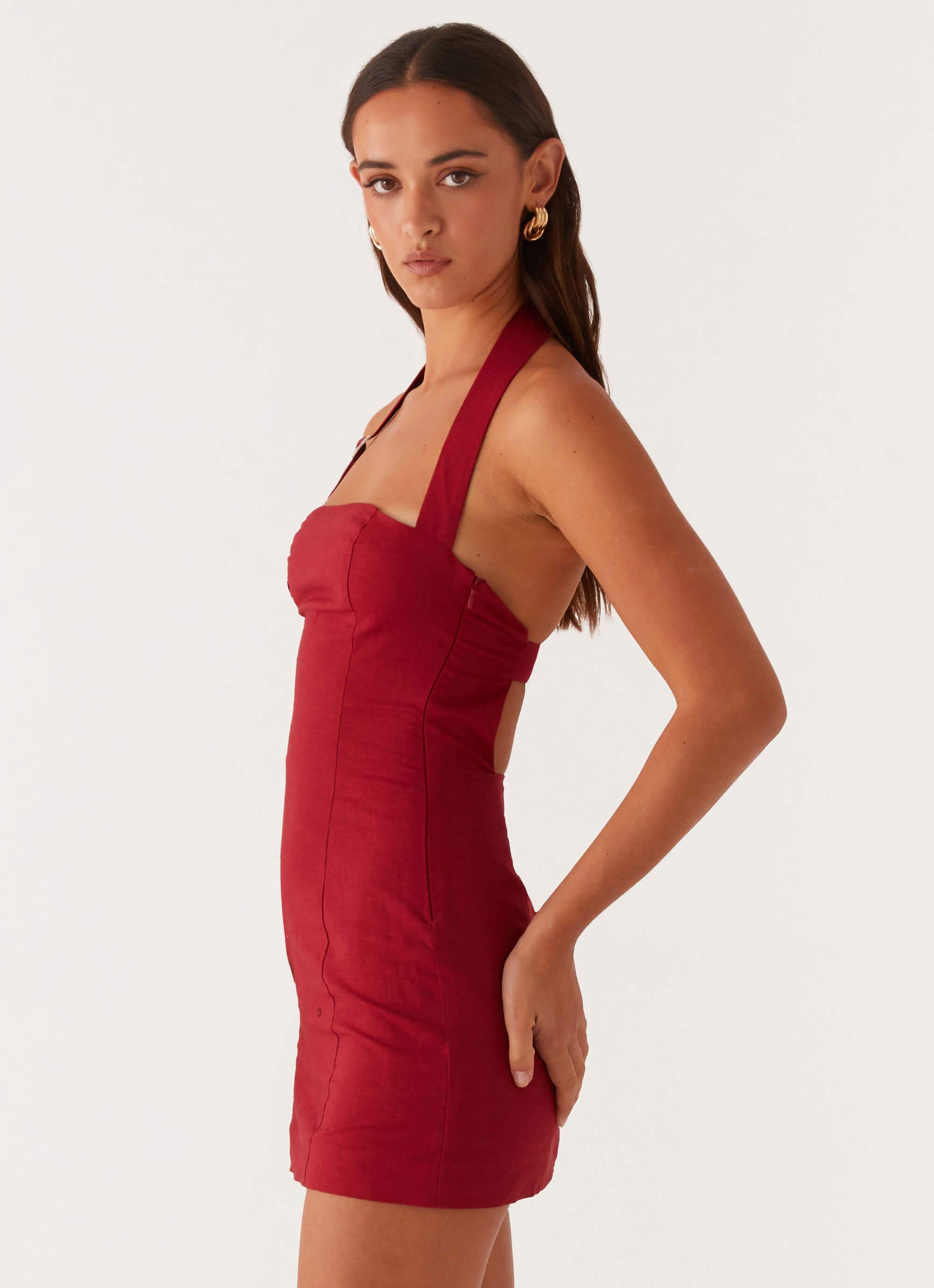 Julianna Linen Mini Dress - Maroon – Peppermayo Julianna Linen Mini Dress - Maroon – Peppermayo