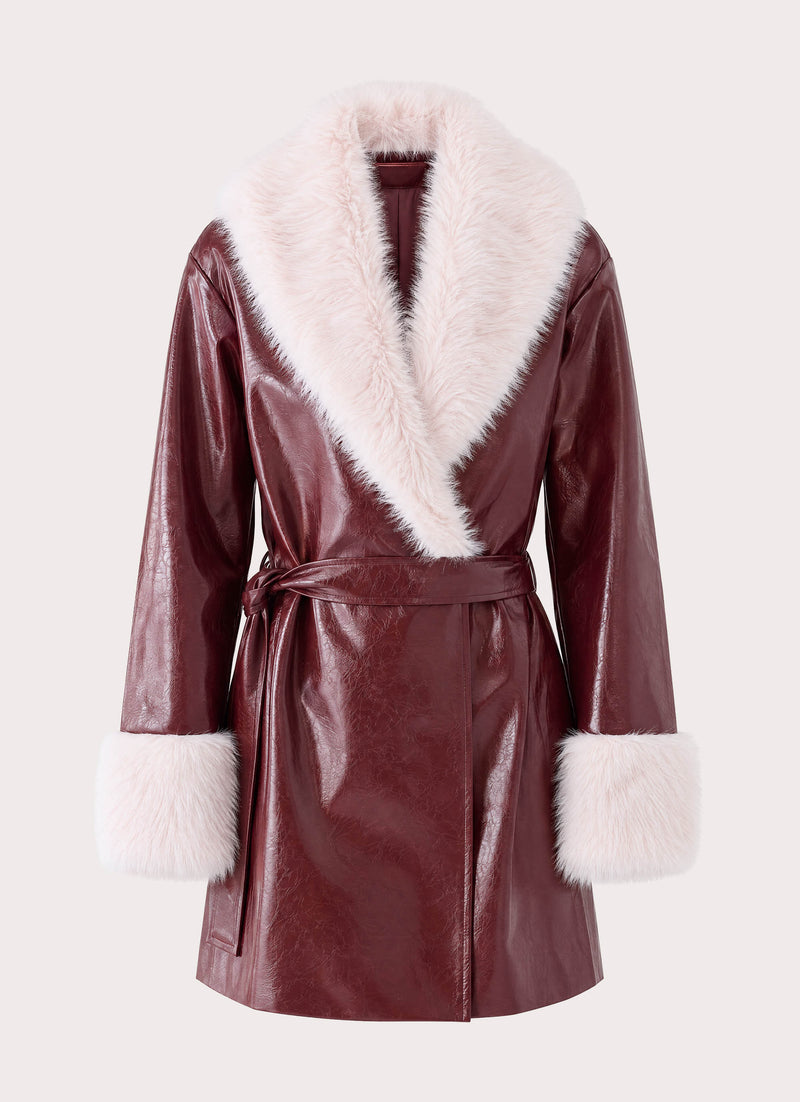 Love Child Faux Leather Wrap Coat - Burgundy
