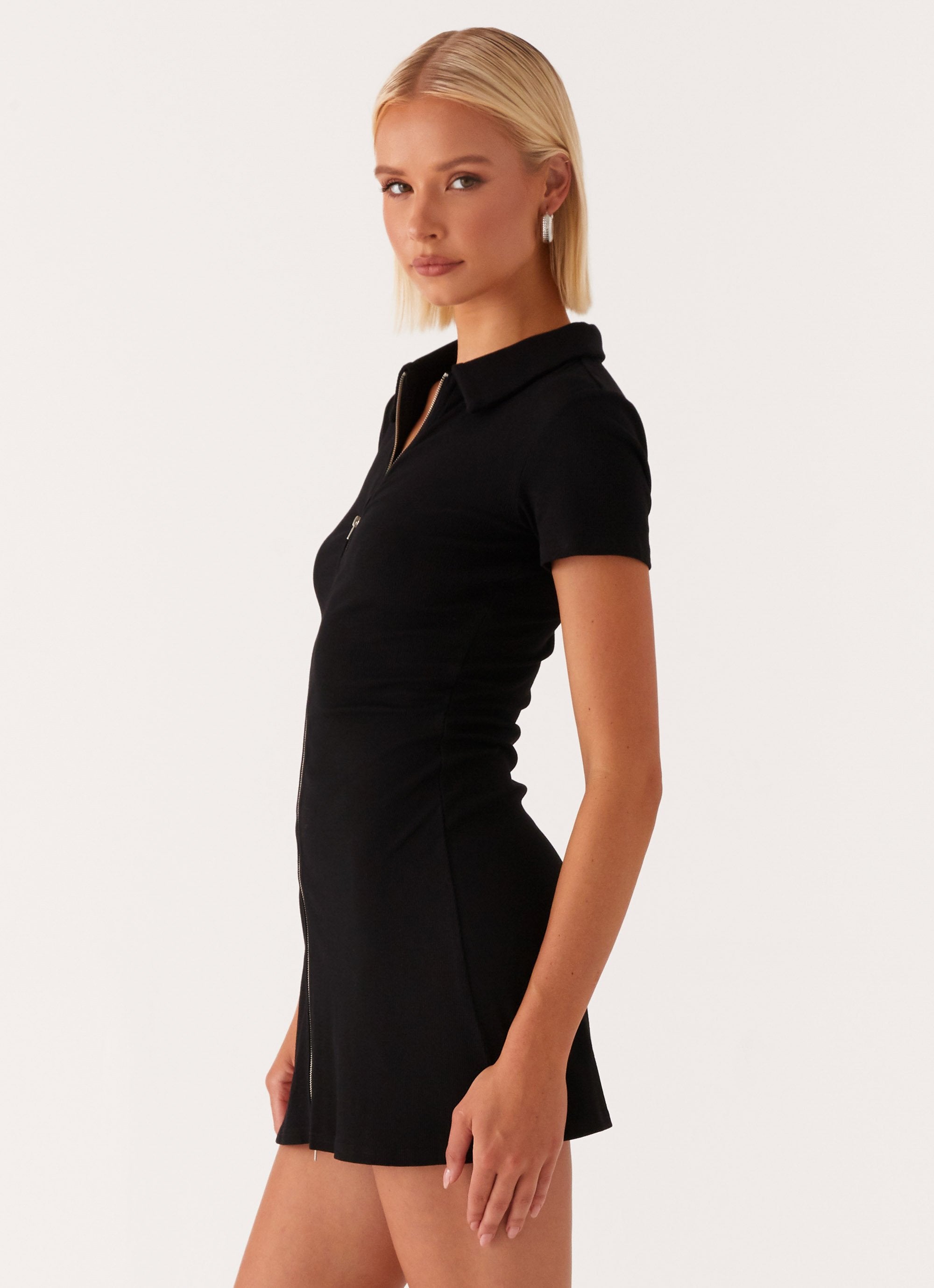 Matter Of Time Zip Front Mini Dress Black Peppermayo