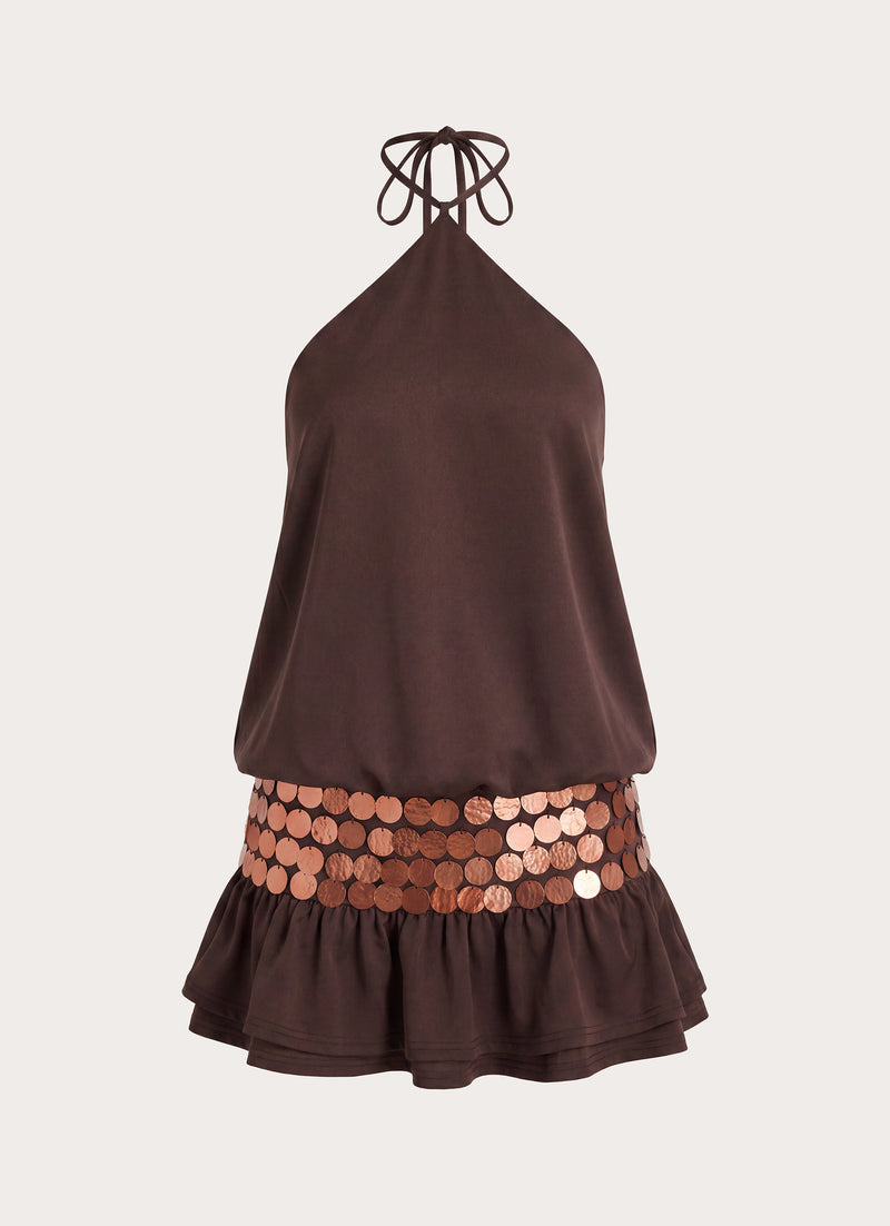 Melosa Beaded Halter Mini Dress - Chocolate