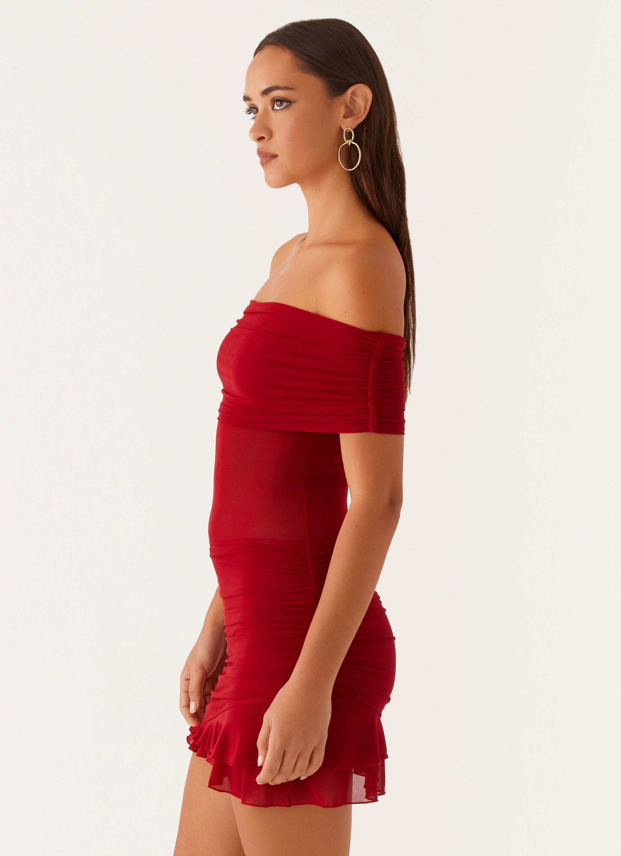 Nelly Off Shoulder Mini Dress Deep Red – Peppermayo