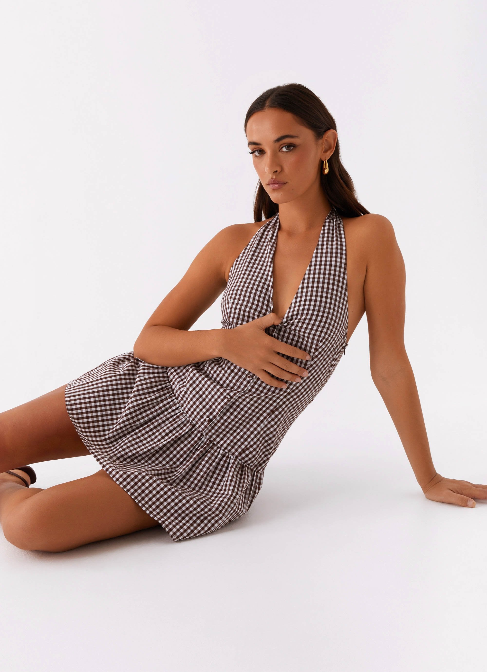 New Look Shirred Halter Mini Dress - Chocolate Gingham Peppermayo New Look Shirred Halter Mini Dress - Chocolate Gingham Peppermayo