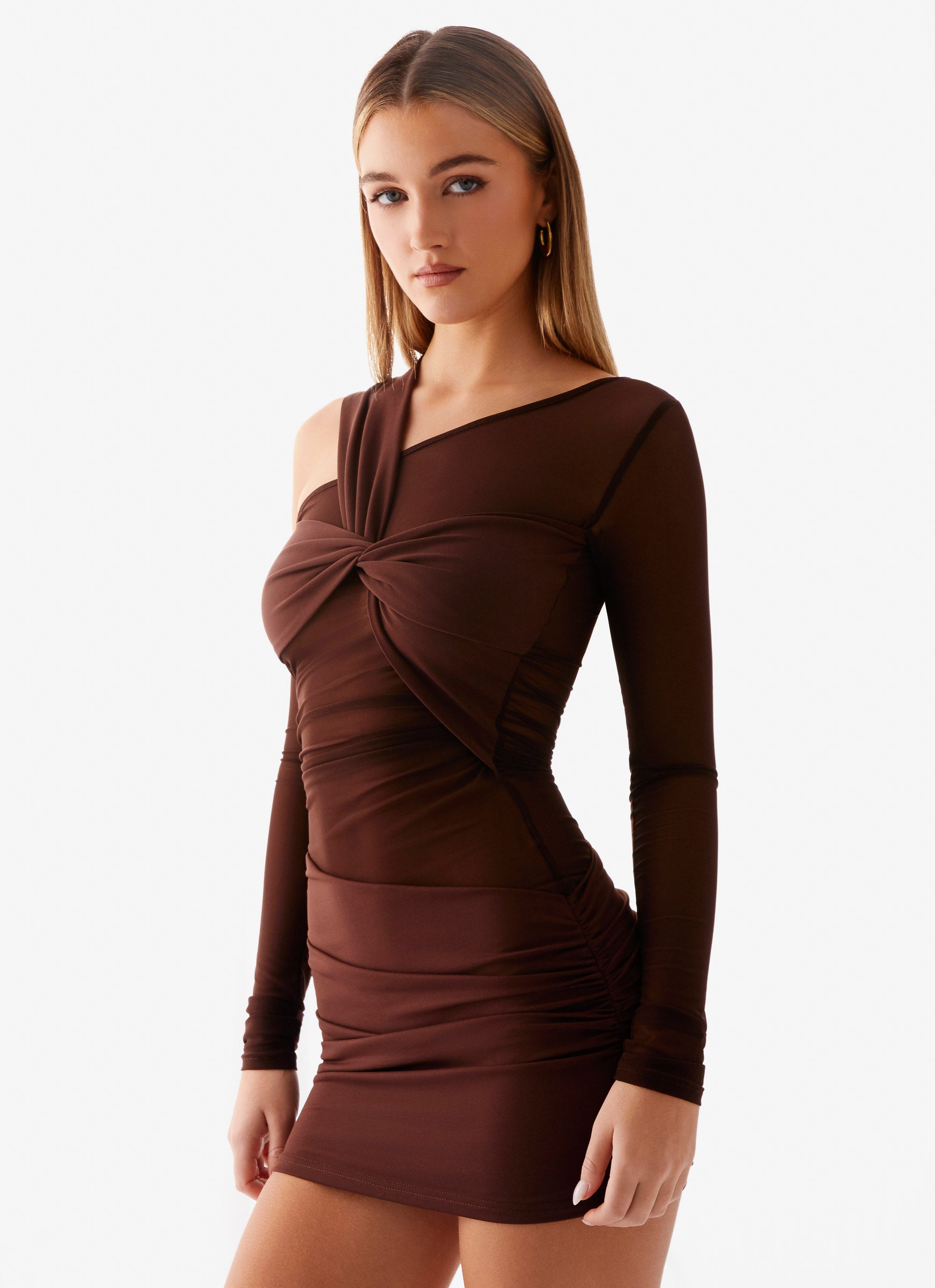 Ophelie Asymmetric Long Sleeve Mini Dress - Chocolate Peppermayo Ophelie Asymmetric Long Sleeve Mini Dress - Chocolate Peppermayo