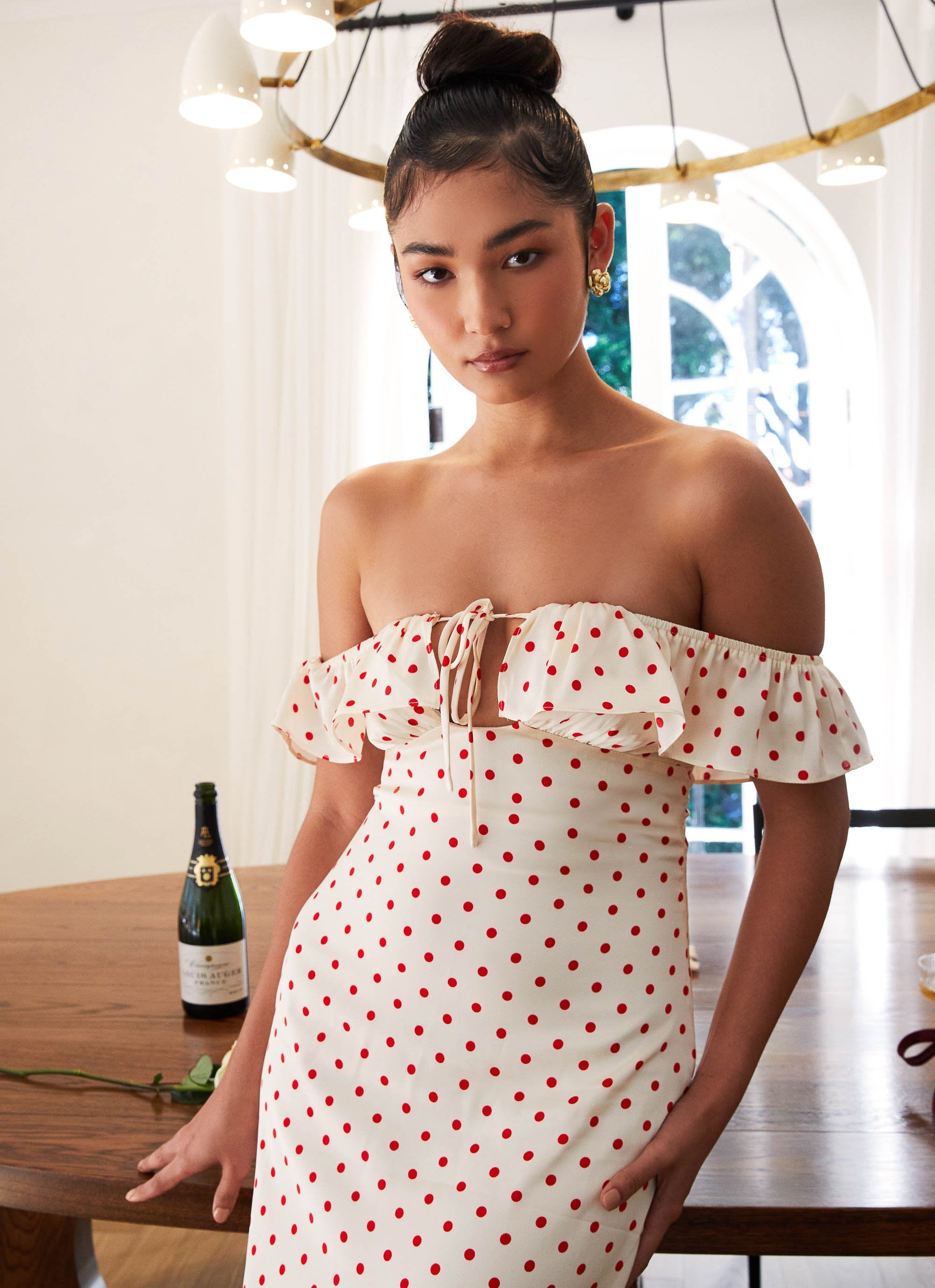 red and white polka dot maxi dress MORE TO COME Monroe Maxi Dress in Red Dot