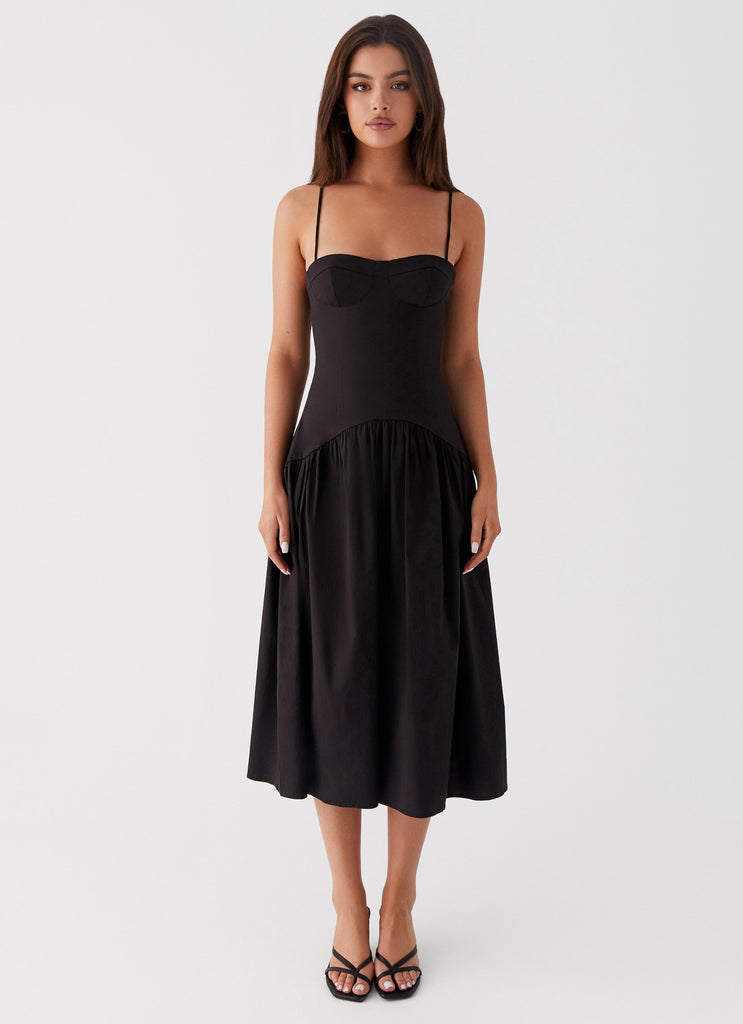 Womens Yvette Corset Midi Dress in the colour Black in front of a light grey background