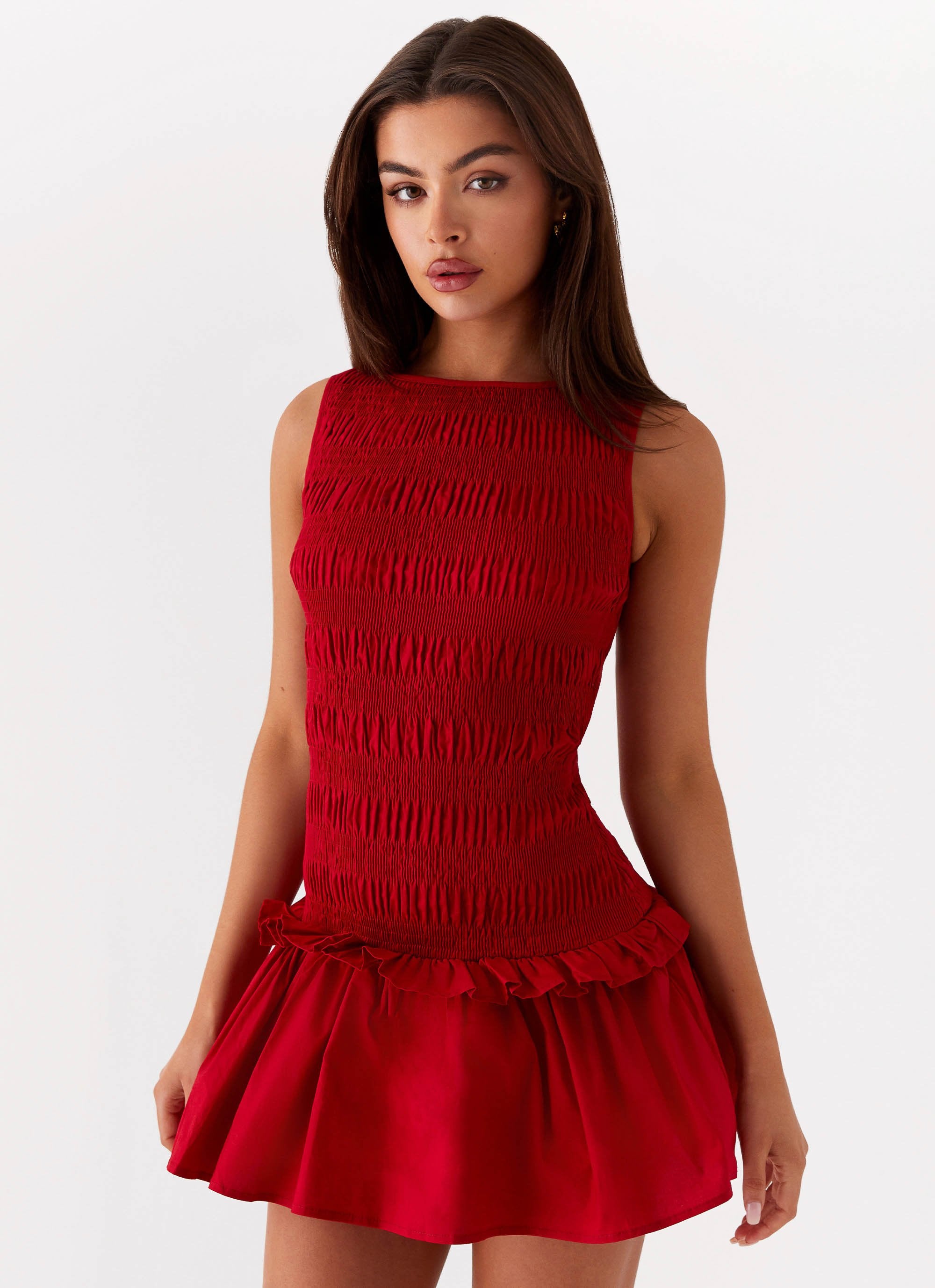 red shirred dress Shirred Mesh Ruffle Maxi Dress (Red)