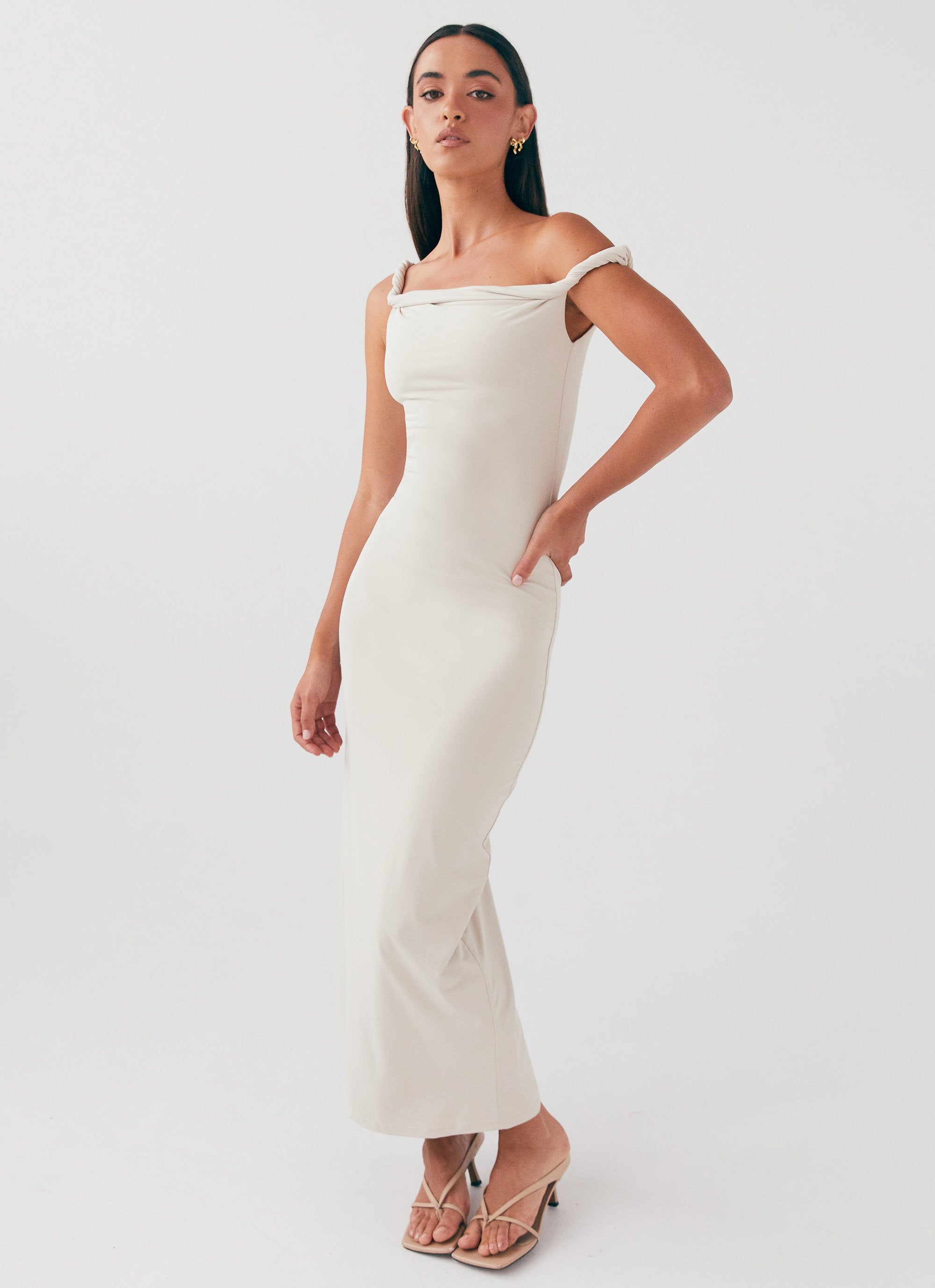 Arabella Twist Shoulder Maxi Dress - Beige Peppermayo Arabella Twist Shoulder Maxi Dress - Beige Peppermayo