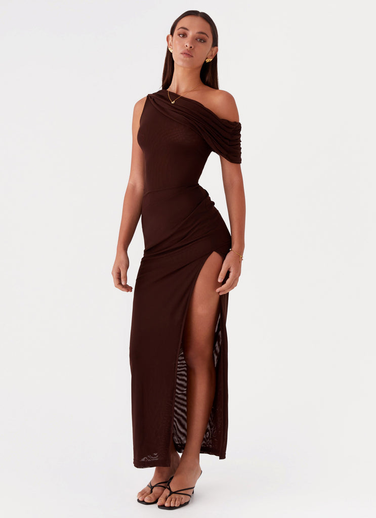Peppermayo Exclusive Ciara One Shoulder Draped Maxi Dress - Chocolate