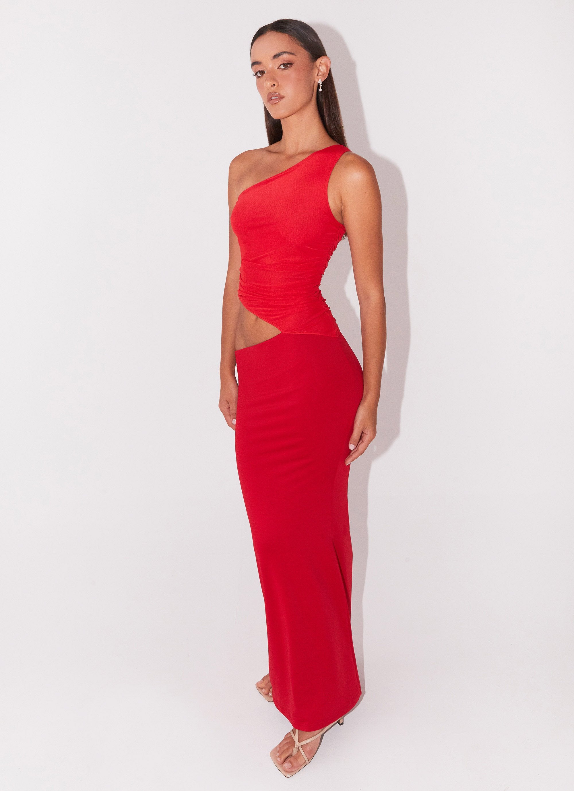 red maxi dress one shoulder Elianna One Shoulder Satin Maxi Dress