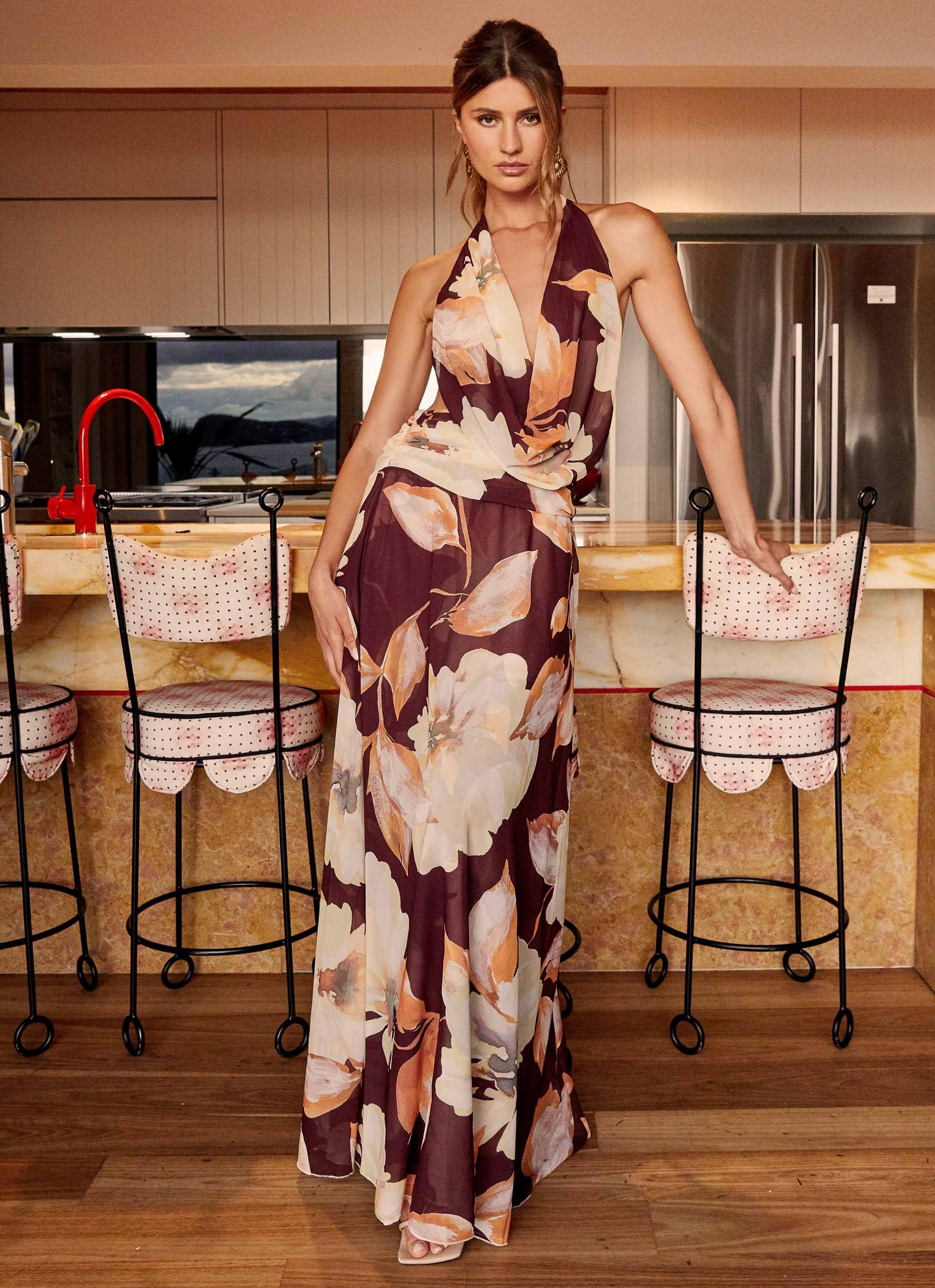 Elysia Chiffon Maxi Dress - Brown Floral Peppermayo Elysia Chiffon Maxi Dress - Brown Floral Peppermayo