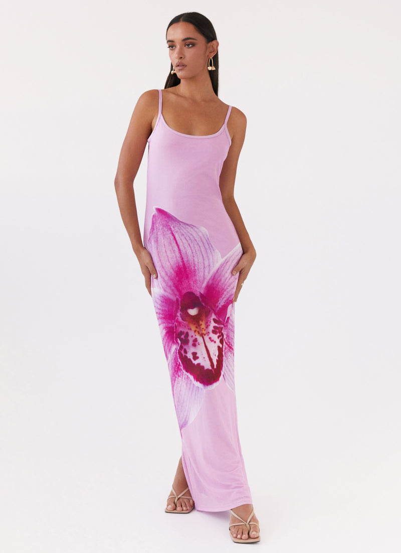 Womens Bad News Mesh Maxi Dress in the colour Pink Magnolia in front of a light grey background
