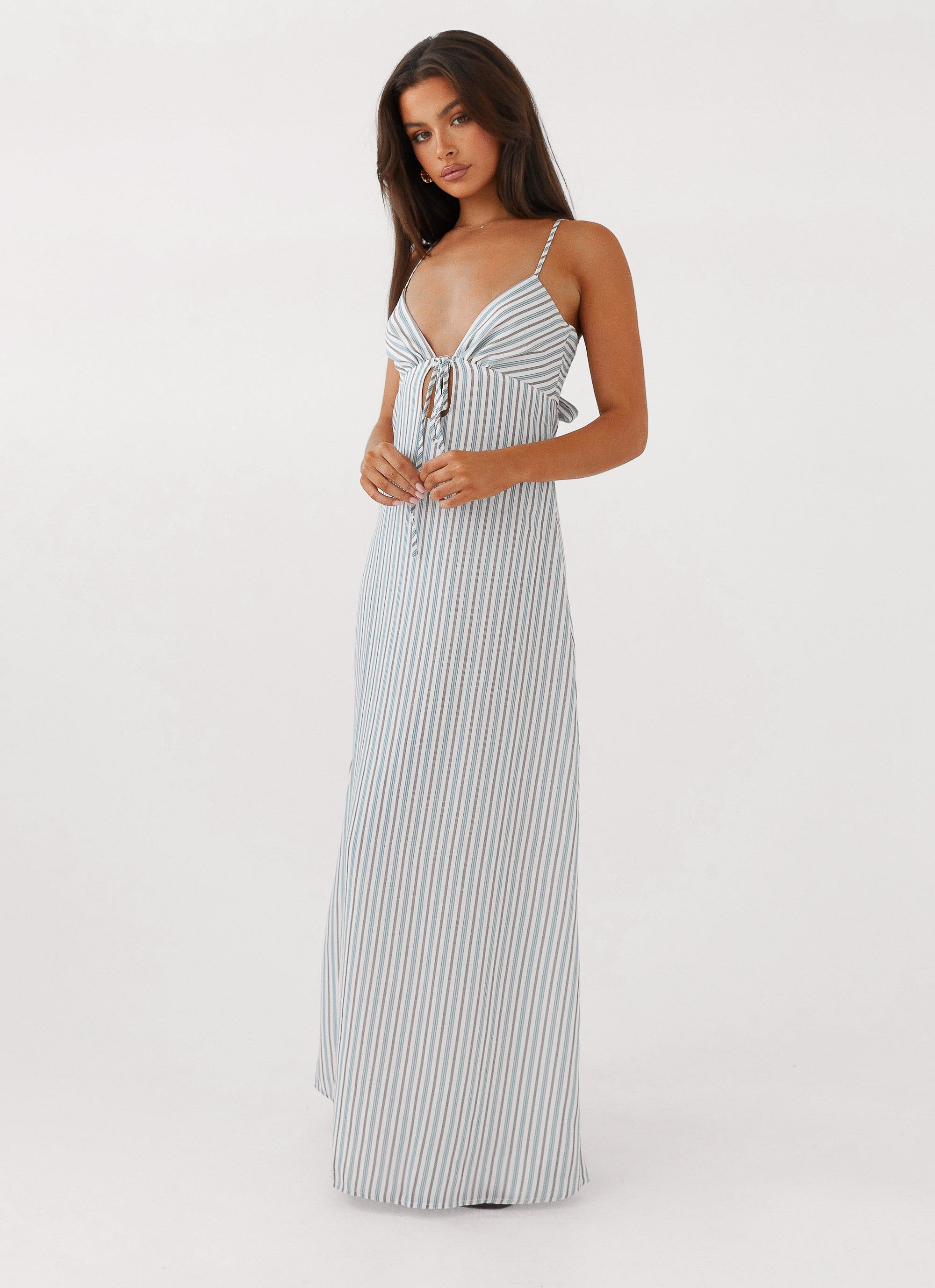 angelina midi dress blue choc stripe maisiehpeters at her Before the Bloom show in New York // 15 oct 2025 @damsonmadder $160 'Angelina Midi Dress