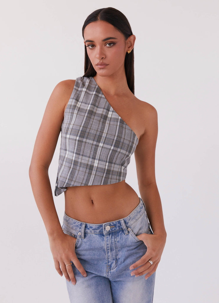 Collective Tops - Peppermayo Exclusive Got Me Started One Shoulder Top - Grey Plaid third image