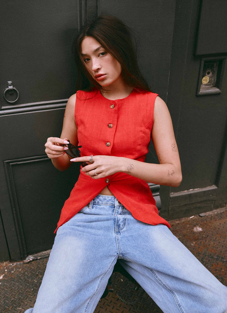 Collective Tops - Peppermayo Exclusive Born For Bordeaux Linen Vest - Poppy Red featured image