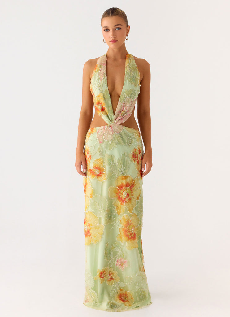 Really Something Beaded Maxi Dress - Green Floral Beaded
