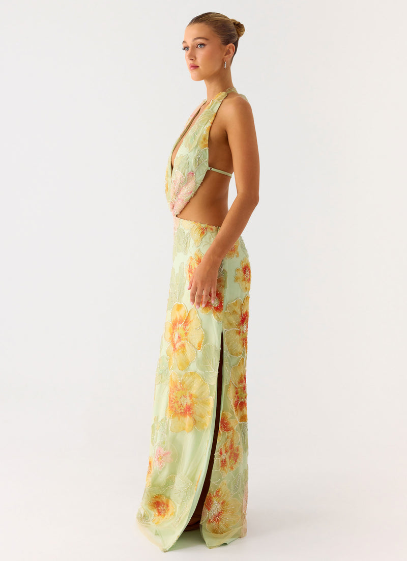 Really Something Beaded Maxi Dress - Green Floral Beaded