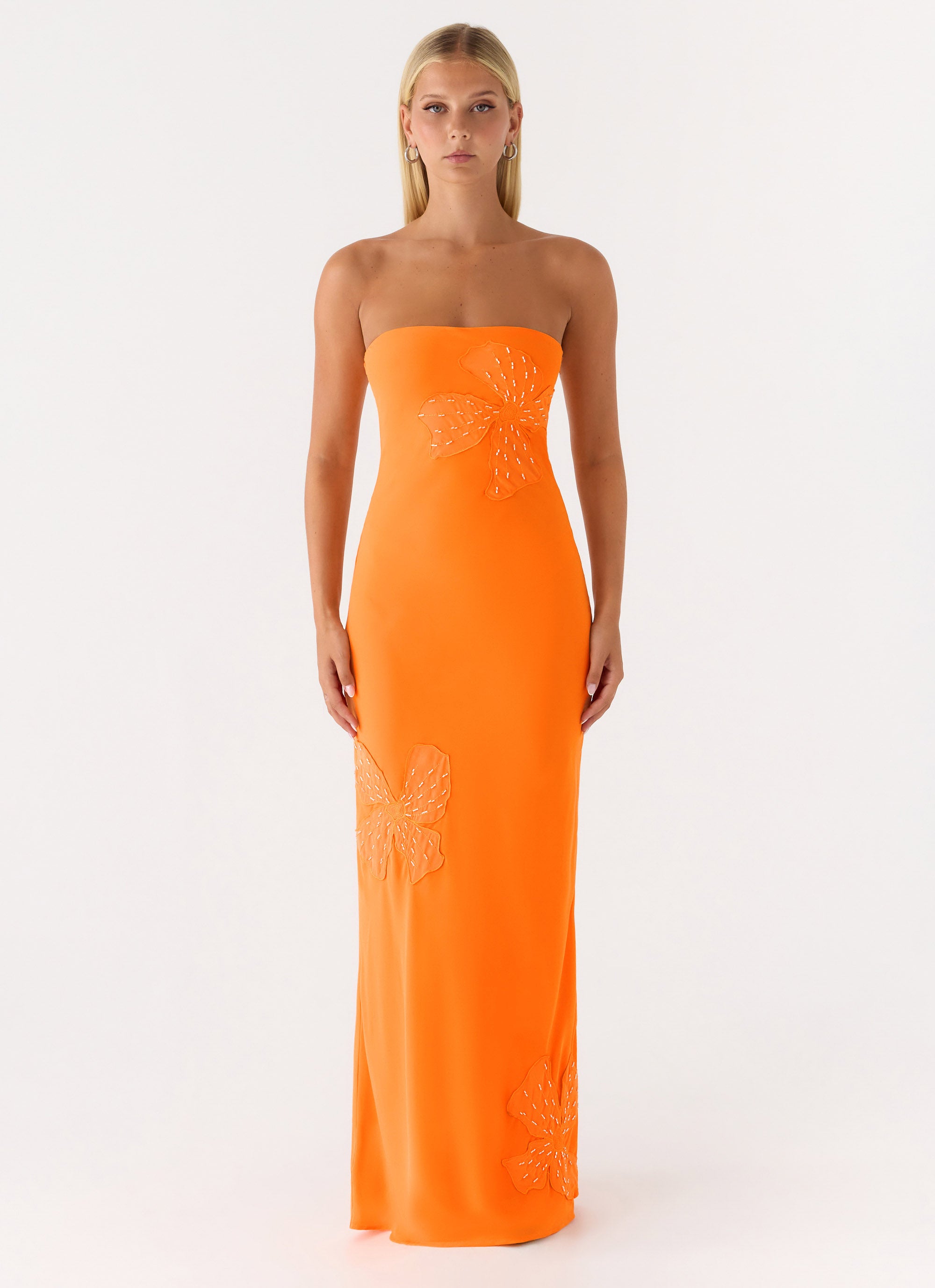 Sassafras Beaded Flower Strapless Maxi Dress - Orange Peppermayo Sassafras Beaded Flower Strapless Maxi Dress - Orange Peppermayo