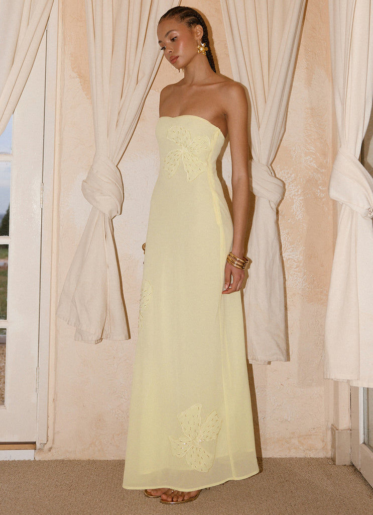 Sassafras Beaded Flower Strapless Maxi Dress - Yellow