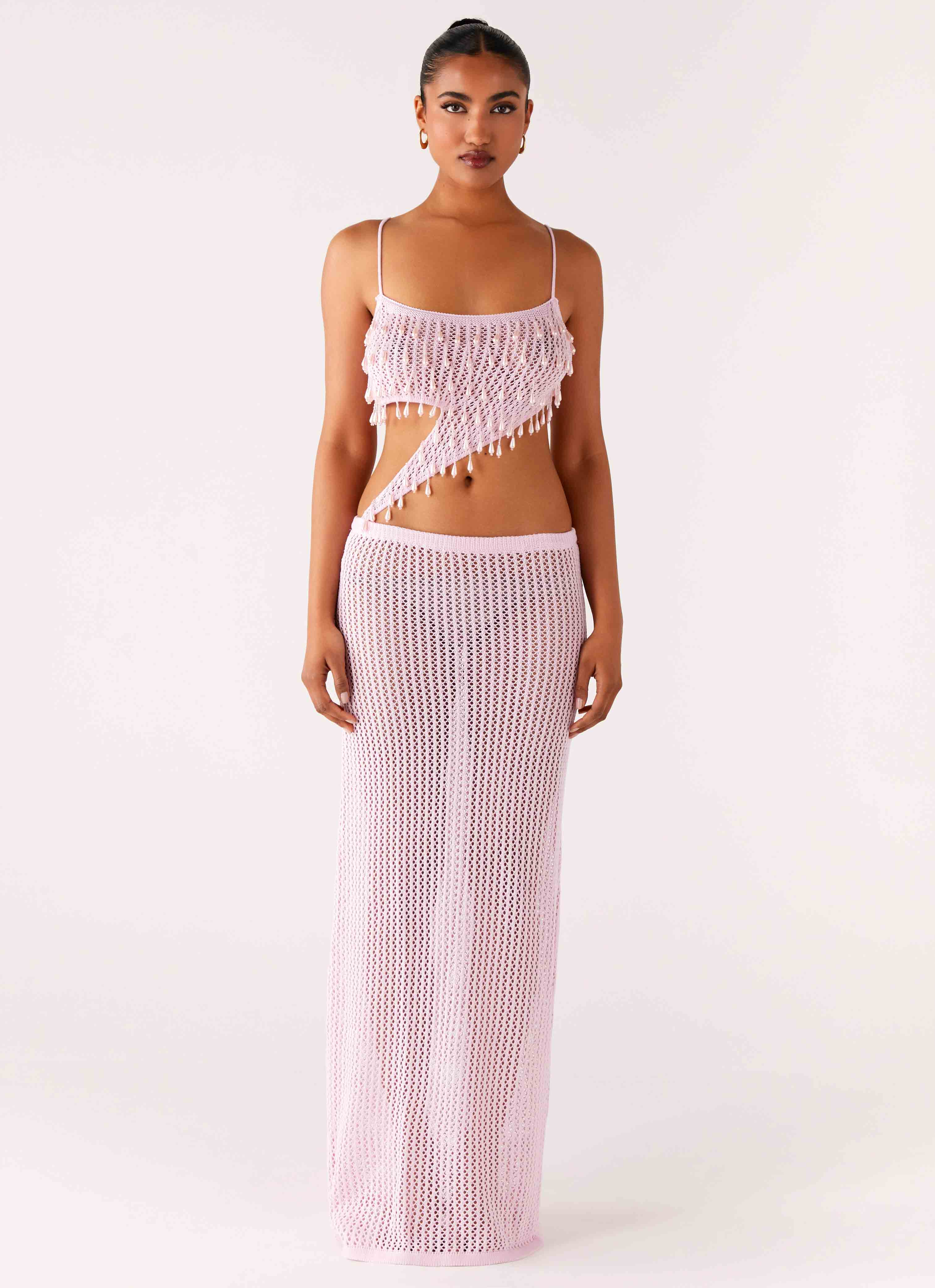 pink crochet maxi dress 60s Ivory Pink Crocheted Maxi Dress