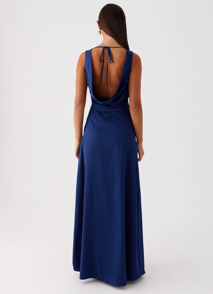 Womens Winnie Cowl Back Maxi Dress in the colour Navy in front of a light grey background