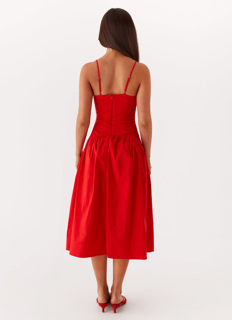 Womens Yvette Corset Midi Dress in the colour Red in front of a light grey background