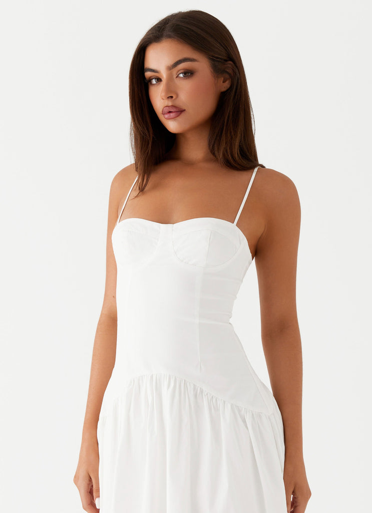 Womens Yvette Corset Midi Dress in the colour White in front of a light grey background