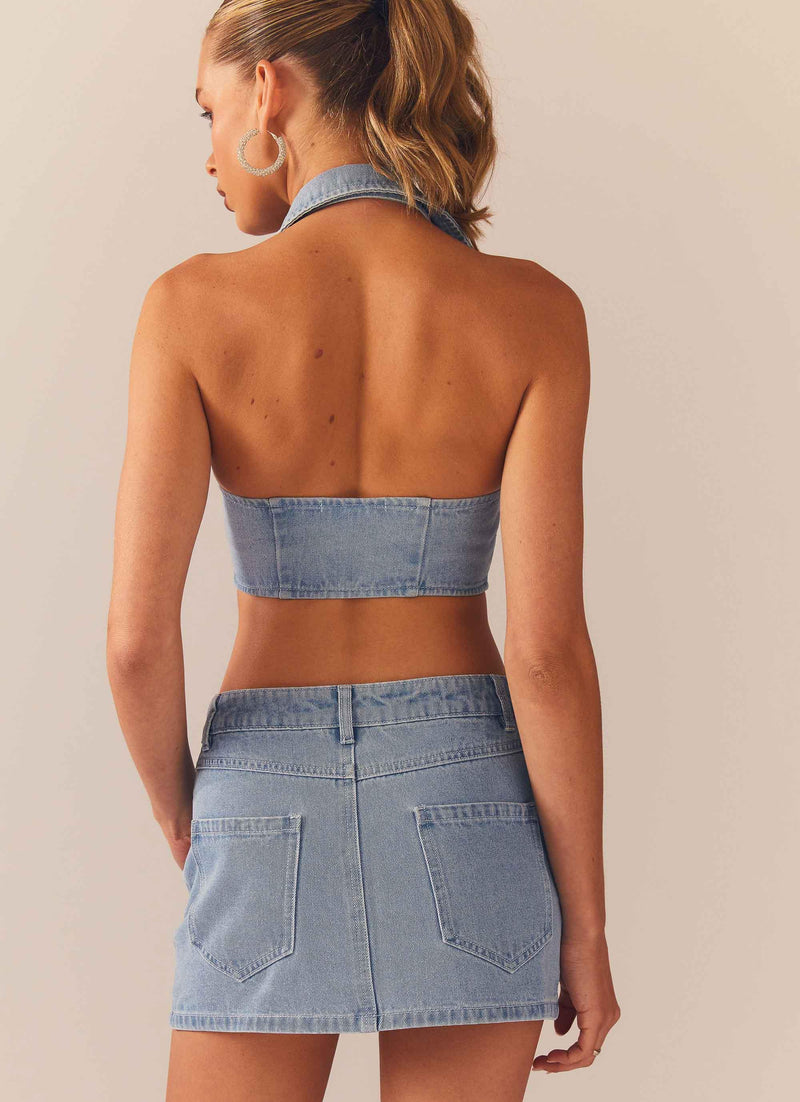 Backstage Pass Denim Vest top - Subdued Blue - Peppermayo