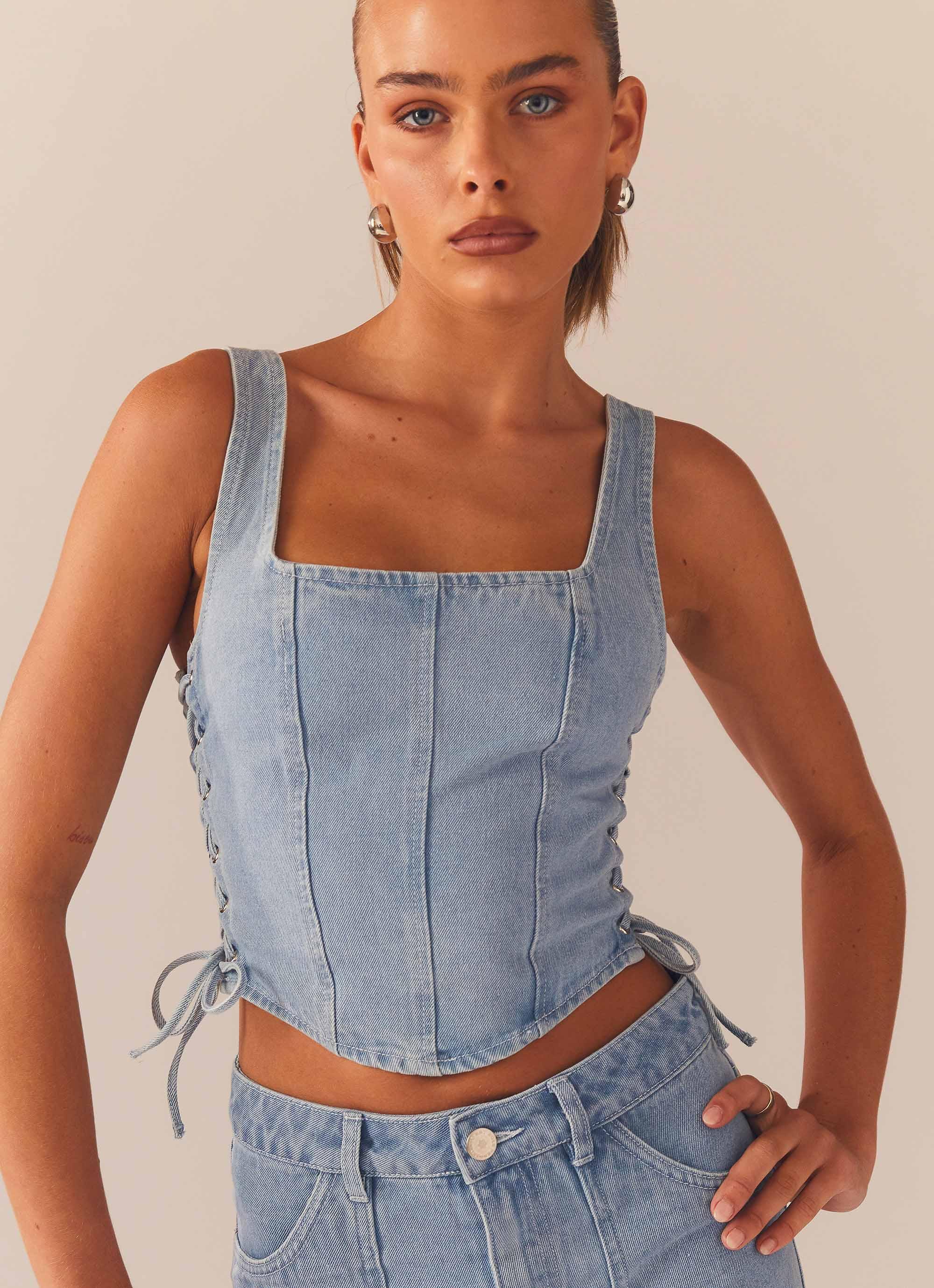 Denim corset top with logo tag in Blue for