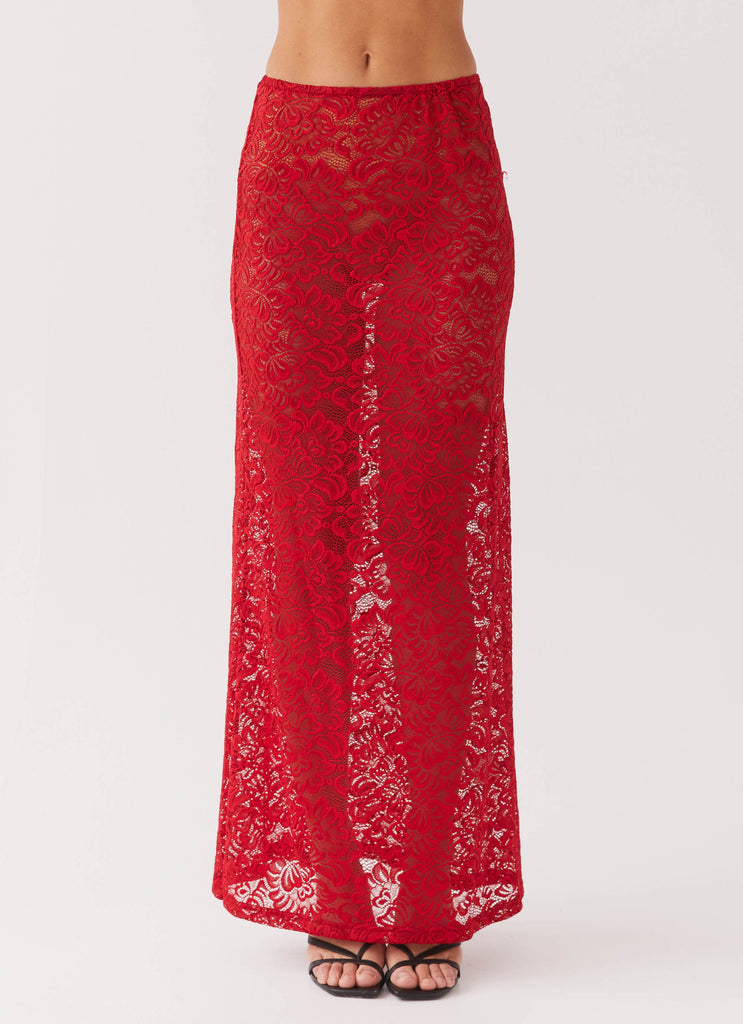 Womens Zephyra Lace Maxi Skirt in the colour Red in front of a light grey background