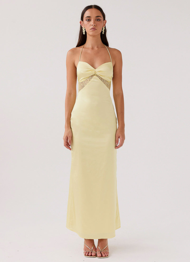 Womens Dream Sight Lace Satin Maxi Dress in the colour Lemon in front of a light grey background