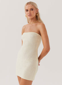 Womens Dance The Night Tube Knit Mini Dress in the colour Pearl Shimmer in front of a light grey background