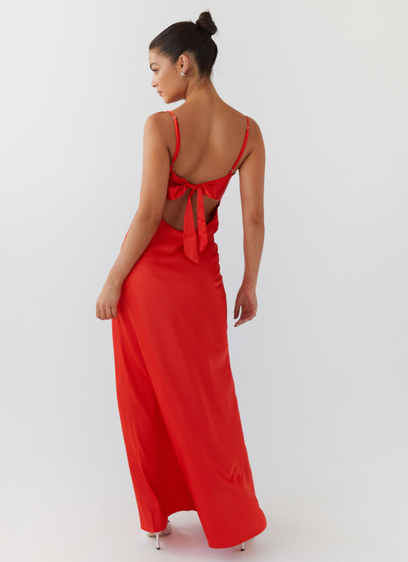 Womens Flora Satin Maxi Dress in the colour Citrus in front of a light grey background