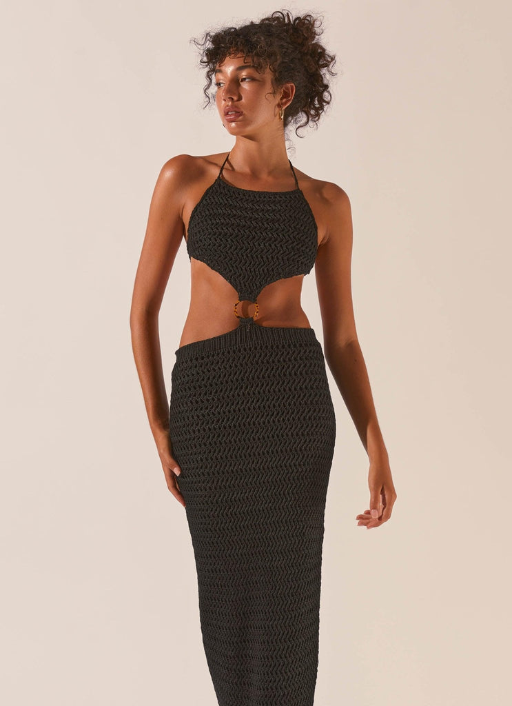 Afternoons In Majorca Crochet Maxi Dress - Black Sand - Peppermayo