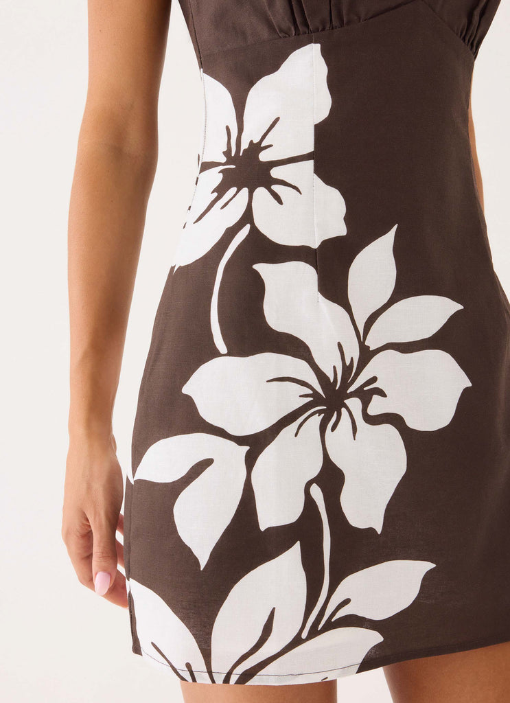 Agneta Halter Linen Mini Dress - Chocolate Tropic Floral Peppermayo Agneta Halter Linen Mini Dress - Chocolate Tropic Floral Peppermayo