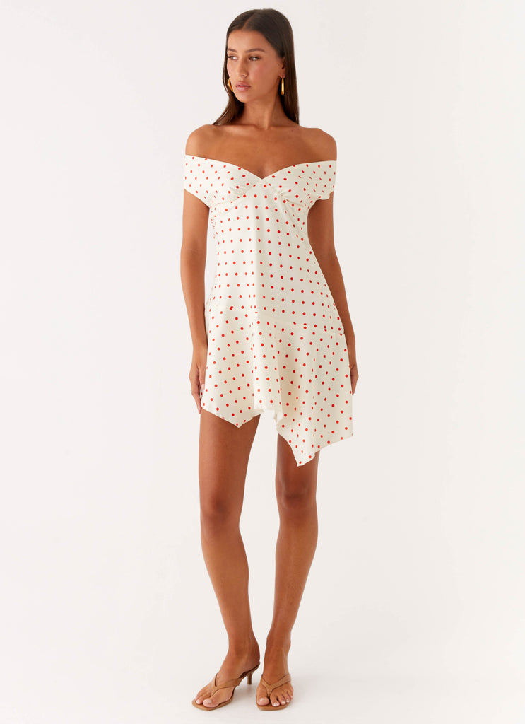 white mini dress with red polka dots White & Red Polka Dot Strapless Babydoll Romper